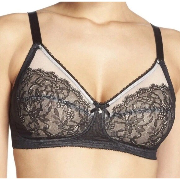 Wacoal Retro Chic Wire Free Unlined Bra Size 38C Black Lace Mesh Bow 852186 - Picture 1 of 9